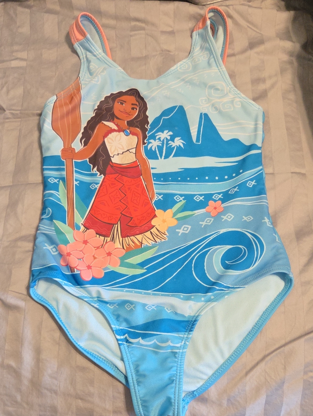 Disney Moana Girls One-Piece Swimsuit - Light Blue with Red and Peach Accents